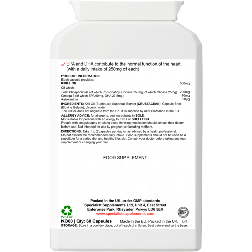 Discover the power of Antarctic Krill Oil 500mg for heart, brain, and eye health, with no fishy aftertaste. Rich in omega-3s, astaxanthin, and phospholipids for enhanced absorption and wellness. 60 capsules