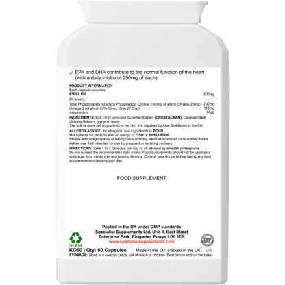 Discover the power of Antarctic Krill Oil 500mg for heart, brain, and eye health, with no fishy aftertaste. Rich in omega-3s, astaxanthin, and phospholipids for enhanced absorption and wellness. 60 capsules